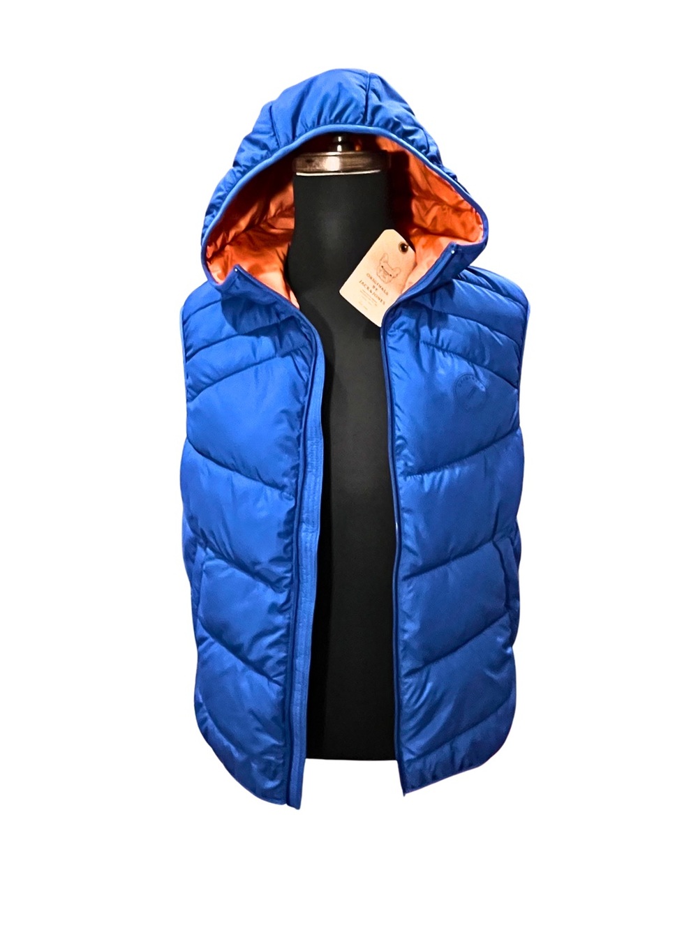 Jack & Jones Bright Blue Quilted Hooded Zip Puffer Vest with Orange Lining
